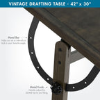 Studio Designs Vintage Drawing/Drafting Table with Pencil Ledge - 42" W x 30" D - Distressed Black - Adjustable Tilting Top