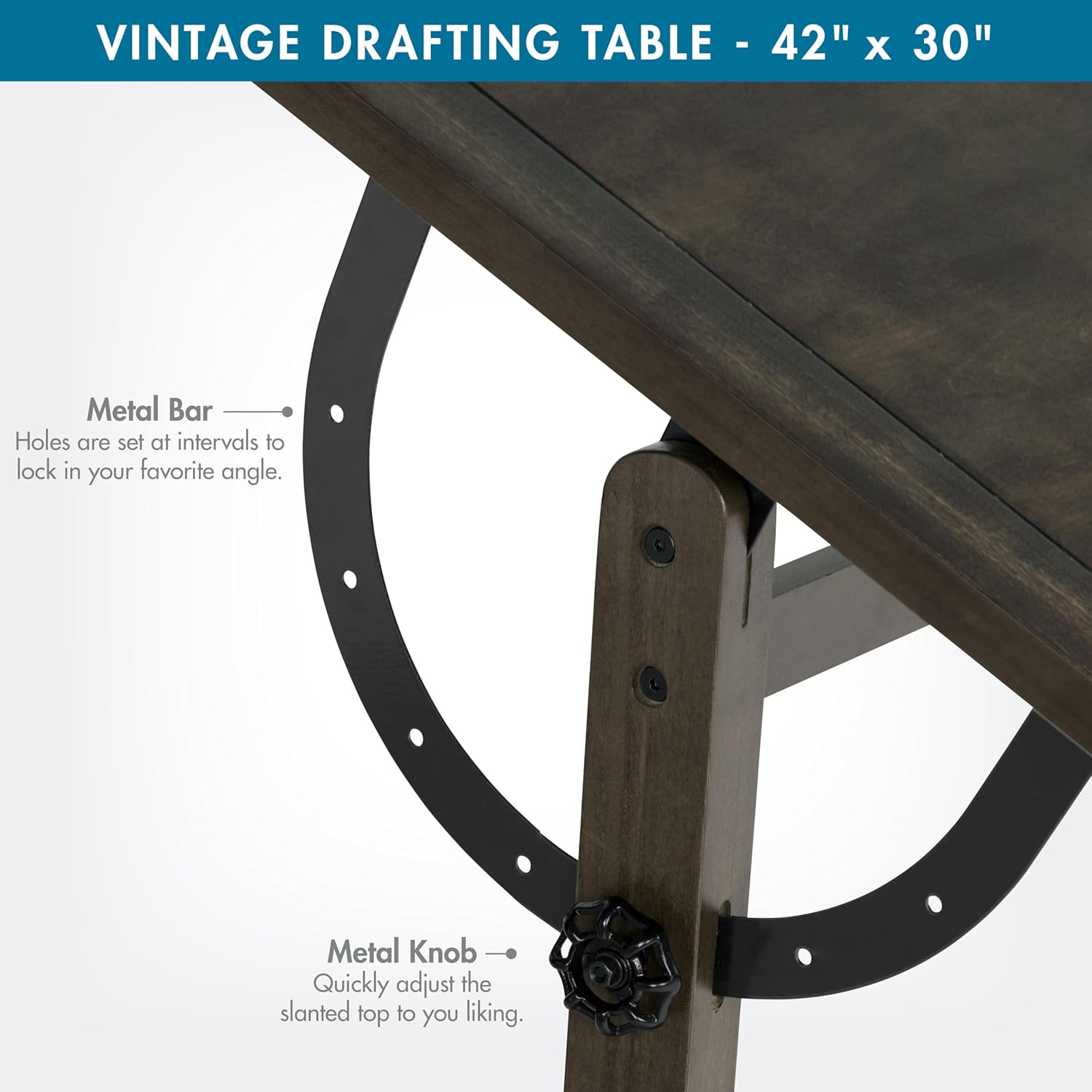 Studio Designs Vintage Drawing/Drafting Table with Pencil Ledge - 42" W x 30" D - Distressed Black - Adjustable Tilting Top