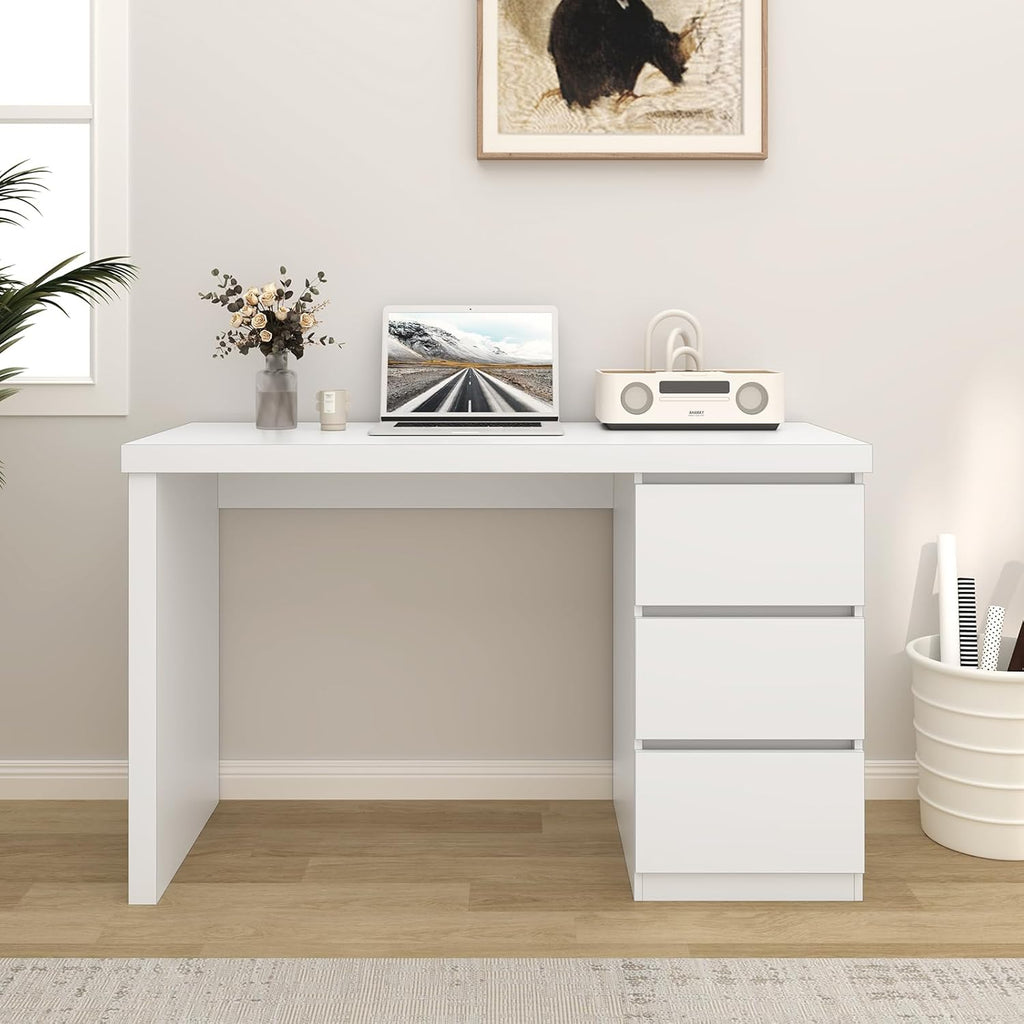 furtble White Desk with Drawers, 43'' W Home Office Computer Desk Gaming Table, Modern Vanity Desk with Storage, Wood Writing Workstation for Bedroom, Living Room, White