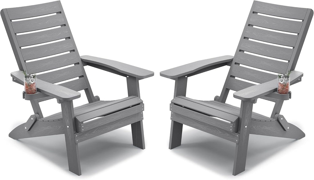 YEFU Adirondack Chair Set of 2 Outdoor: Oversized Folding Adirondack Chairs with Arc Back & Cup Holder, Weather Resistant Fire Pit Chairs for Patio Lawn Garden Backyard Deck, Grey
