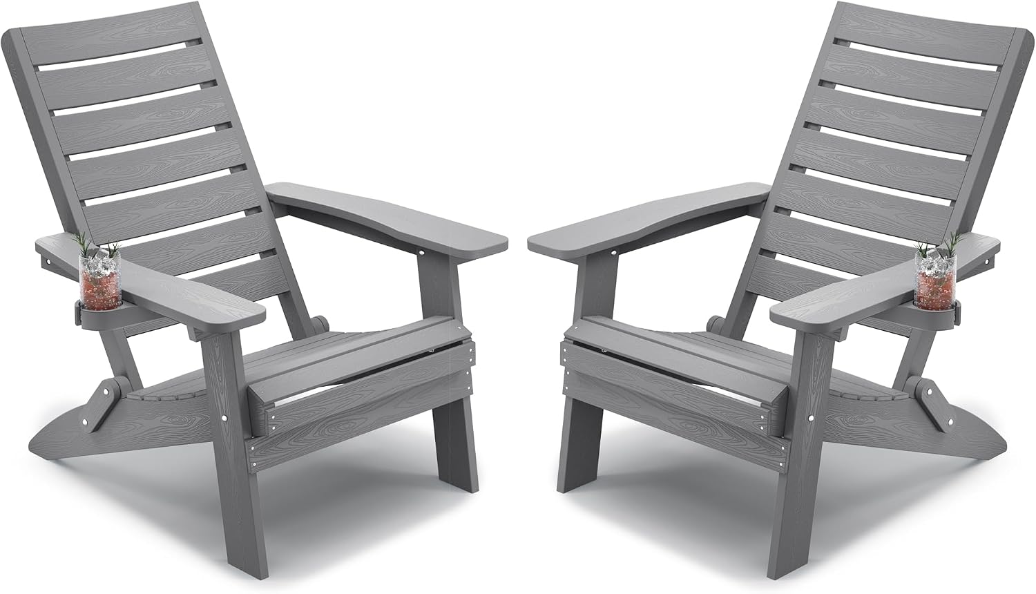 YEFU Adirondack Chair Set of 2 Outdoor: Oversized Folding Adirondack Chairs with Arc Back & Cup Holder, Weather Resistant Fire Pit Chairs for Patio Lawn Garden Backyard Deck, Grey