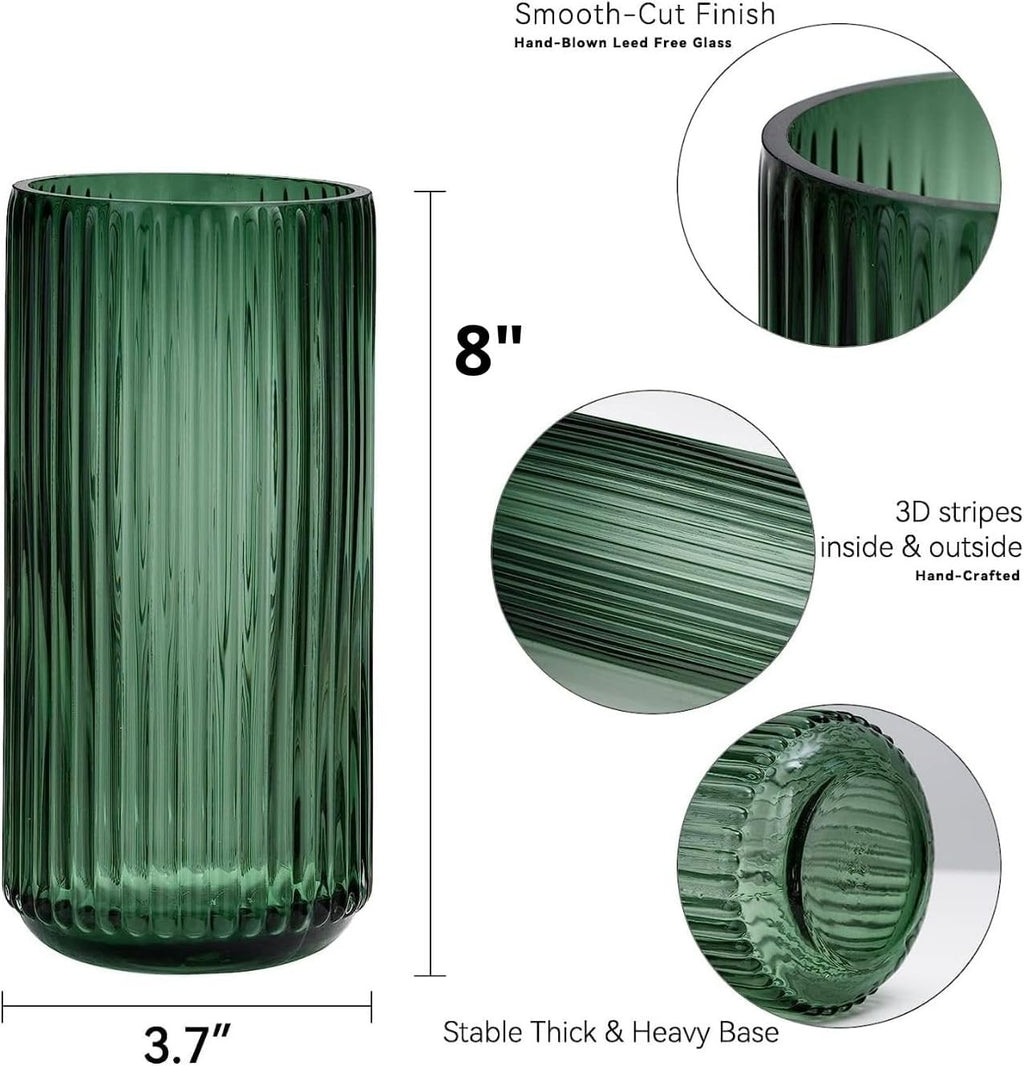 DECORPIA 8 Inch Premium Thickened Green Glass Vase - Ribbed Glass Flower Vase for Rustic Home Decor, Decorative Vases for Flowers for Modern Farmhouse, Ideal for Shelf, Mantle, Table Entryway Décor