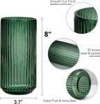 DECORPIA 8 Inch Premium Thickened Green Glass Vase - Ribbed Glass Flower Vase for Rustic Home Decor, Decorative Vases for Flowers for Modern Farmhouse, Ideal for Shelf, Mantle, Table Entryway Décor