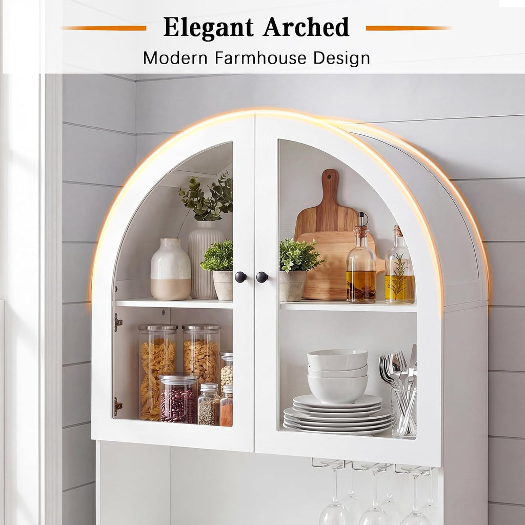 75" Farmhouse Tall Arched Pantry Cabinet with Charging Station & Bar, White | Adjustable Shelves, Open Countertop for Coffee Bar, empered Glass Door, Barn Door Lower Cabinet, Smooth-Glide Drawer