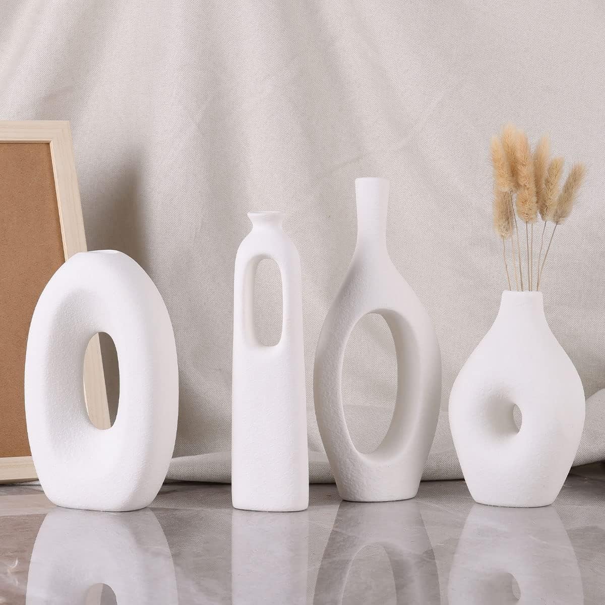 White Ceramic Vase Set of 4 - Round Hollow Boho Vases for Pampas Grass and Flowers Decor, Modern Minimalist Small Vases for Living Room, Bedroom, Fireplace, Coffee Table Decor and Centerpieces