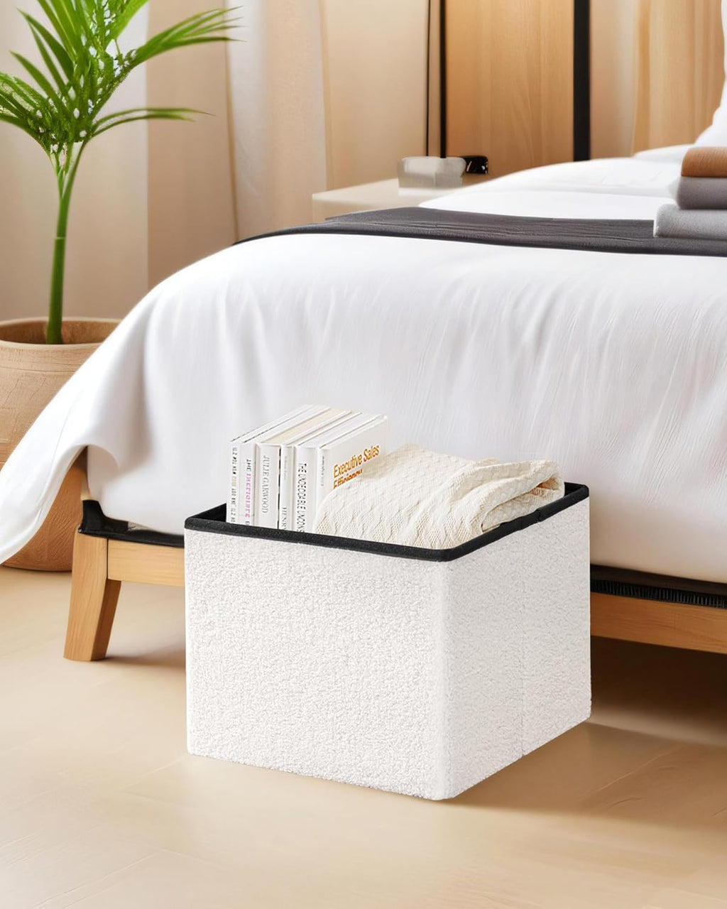 Small Ottoman with Storage, Sherpa Storage Ottoman Cube, Boucle Folding Foot Rest for Dorm, Living Room, Bedroom, White, 16.5"x12.6"x12.6"