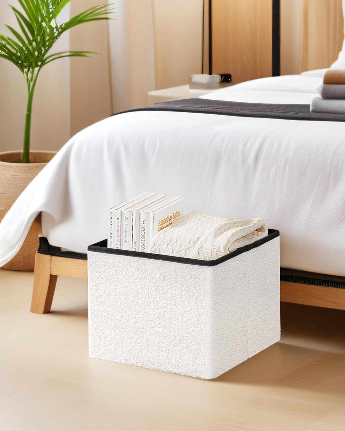 Small Ottoman with Storage, Sherpa Storage Ottoman Cube, Boucle Folding Foot Rest for Dorm, Living Room, Bedroom, White, 16.5"x12.6"x12.6"