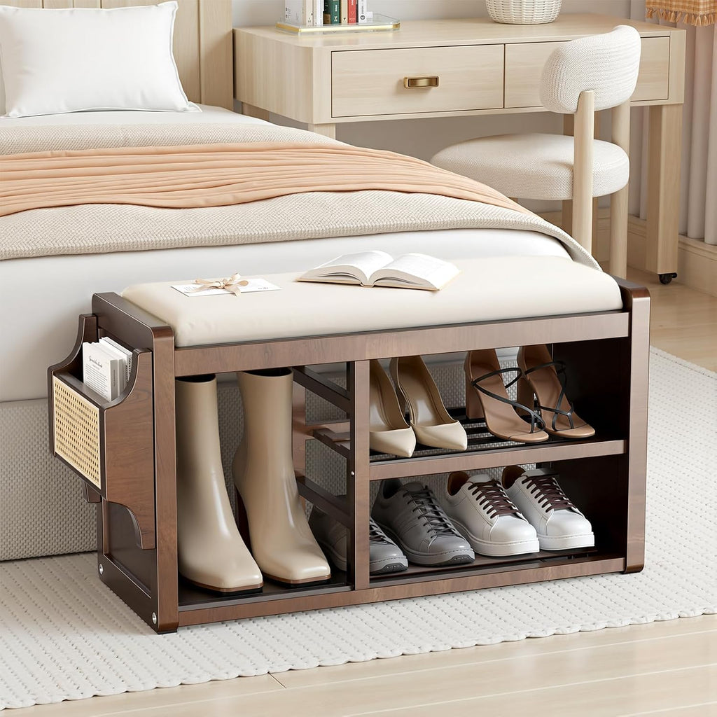 Solid Wood Shoe Bench with Leather Cushion, Shoe Storage Organizer with Side Holder, Shoe Rack Bench for Entryway, Hallway, Living Room, Mudroom, Holds Up to 600lb (Walnut, 31.5"Wx12.6"Dx18.9"H)