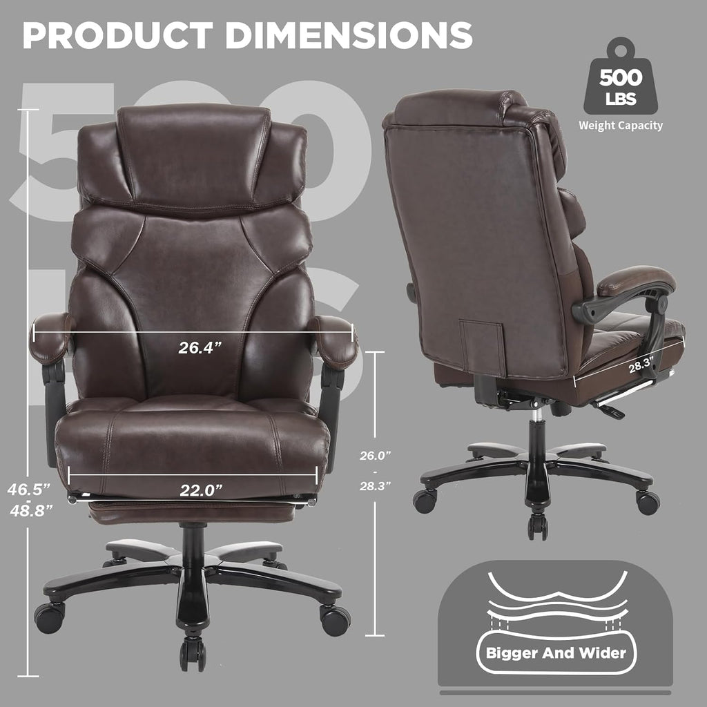 Heavy Duty Executive Office Chair, 500lbs Big and Tall Office Chair with Wide Seat, Reclining Ergonomic Desk Chair with Footrest PU Leather Computer Chair for Home Office, Red Brown