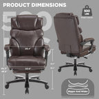 Heavy Duty Executive Office Chair, 500lbs Big and Tall Office Chair with Wide Seat, Reclining Ergonomic Desk Chair with Footrest PU Leather Computer Chair for Home Office, Red Brown