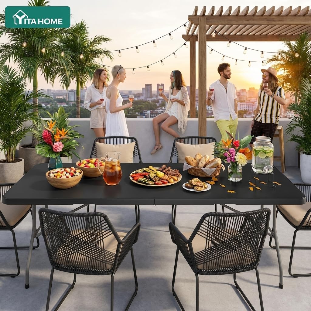 YITAHOME Folding Table Heavy Duty, Black Plastic Table 8Ft Long, Portable Rectangular Resin Table for Outdoor Indoor Party Banquet Event Dining Wedding