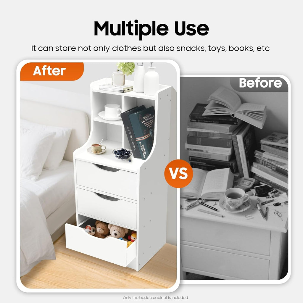 Nightstand White Bedside Table with 3 Drawers & 3 Open Bookshelf End Table Modern End Side Table Storage Cabinet for Living Room, Bedroom, Study Room, 14.56L*11.81W*33.46H inch
