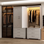 FJTJBSI Armoire Wardrobe Closet with 3 Drawers and LED Light 72" Wooden Bedroom Armoire with 2 Doors and Retro Ceramic Door Handles Modern Wardrobe Cabinet with Removable Hanging Rod White