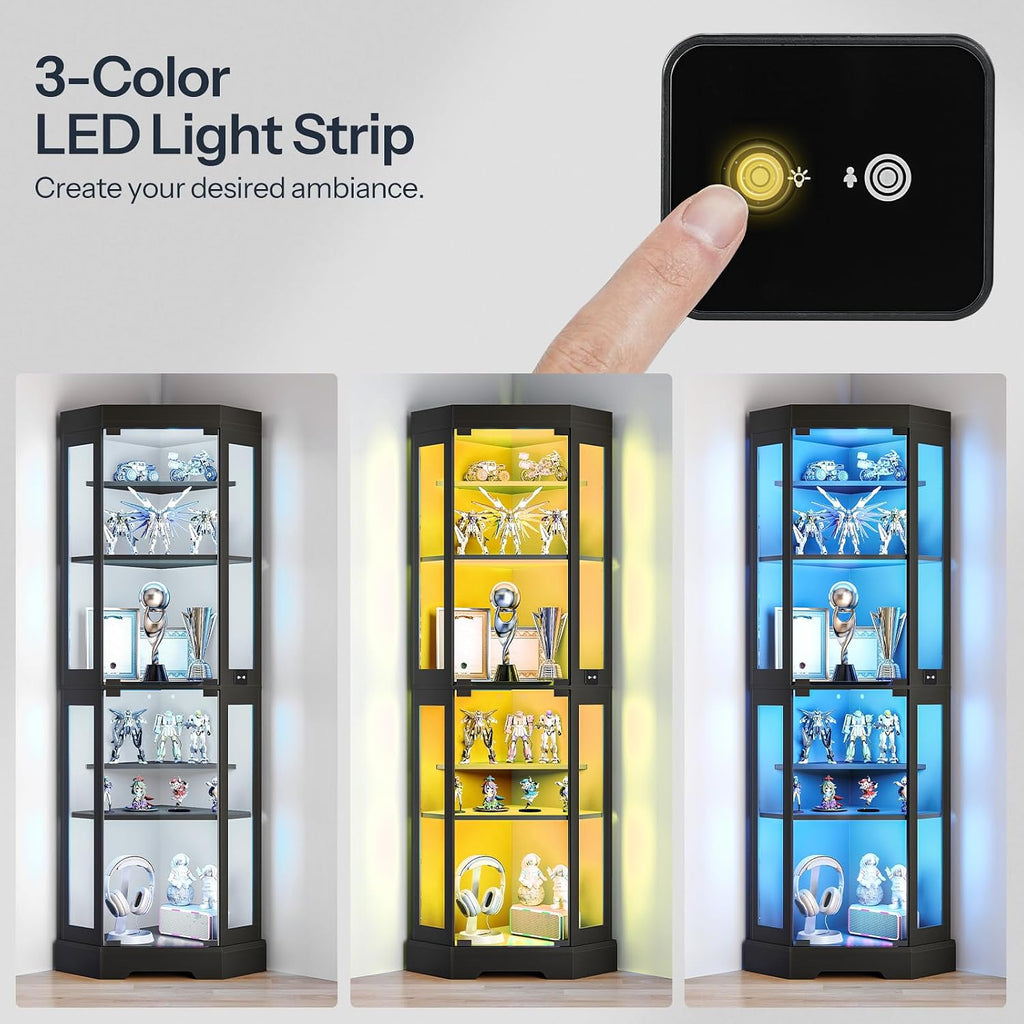 HOOBRO Corner Display Cabinet with Glass Doors，67.9" Glass Display Cabinet with LED Lights, 6-Tier Curio Cabinets for Collectibles, Books, Modern Display Case Corner Bookcase, Black BK02DDC01