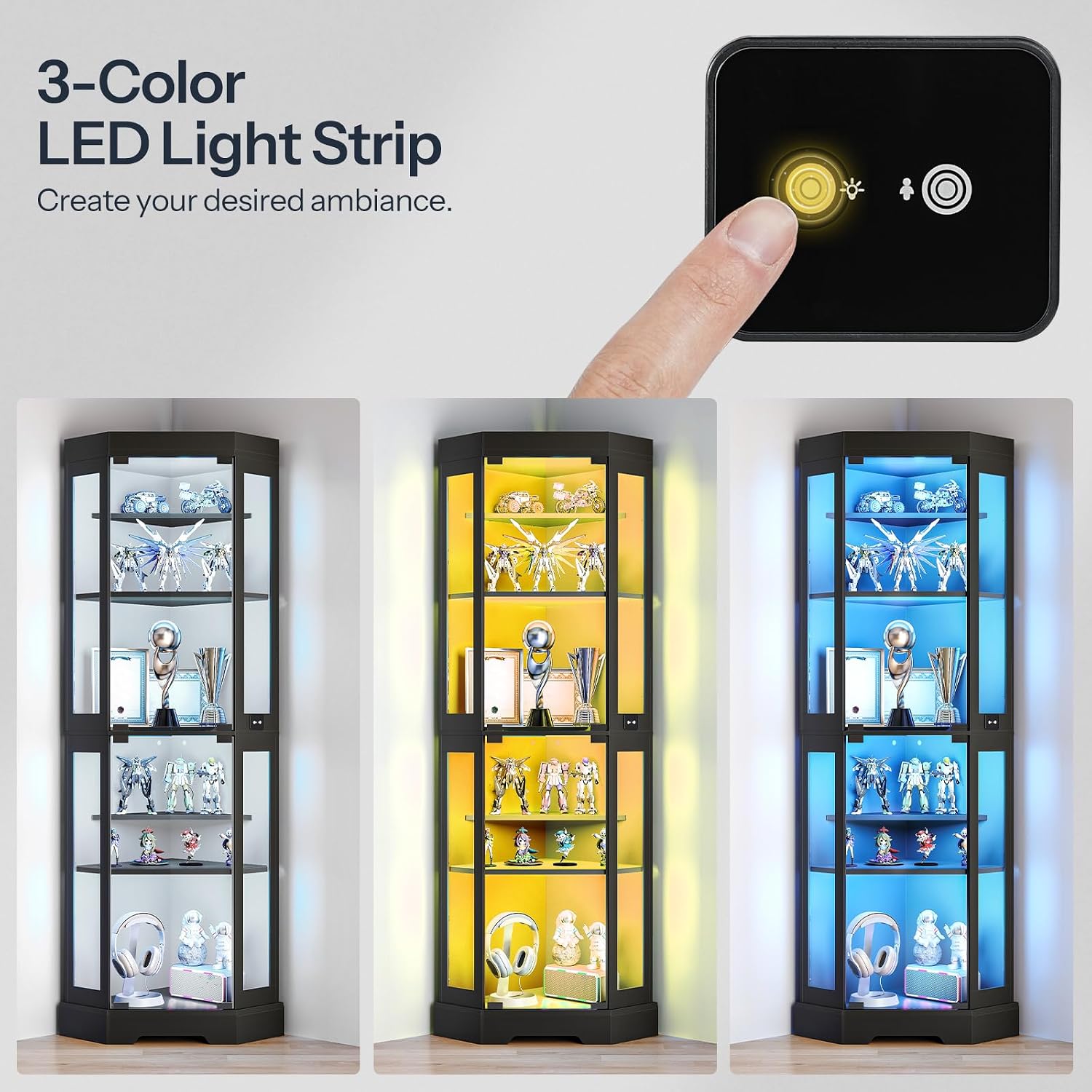 HOOBRO Corner Display Cabinet with Glass Doors，67.9" Glass Display Cabinet with LED Lights, 6-Tier Curio Cabinets for Collectibles, Books, Modern Display Case Corner Bookcase, Black BK02DDC01