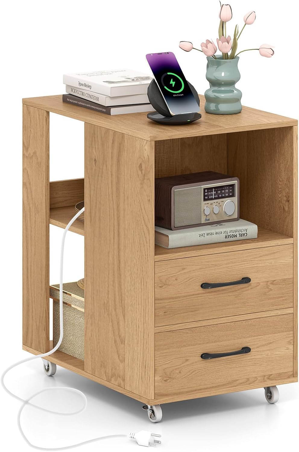 Giantex End Table with Charging Station - Night Stand on Wheels, Sofa Side Bedside Table w/USB & Type-C Port, Outlets, Storage Nightstand w/2 Drawers, Open Shelves for Living Room Bedroom (1, Natural)