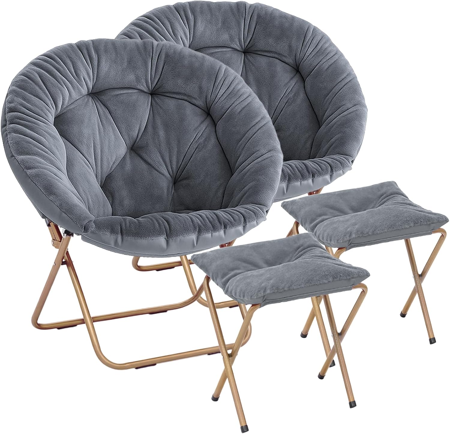 Magshion Folding Saucer Chair for Adults with Ottoman, Circle Reading Chair for Bedroom, Living Room & Dorm, Furry Comfy Accent Seat with Metal Leg & Thick Padded for Small Spaces (Grey, 2 Pack)