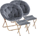 Magshion Folding Saucer Chair for Adults with Ottoman, Circle Reading Chair for Bedroom, Living Room & Dorm, Furry Comfy Accent Seat with Metal Leg & Thick Padded for Small Spaces (Grey, 2 Pack)