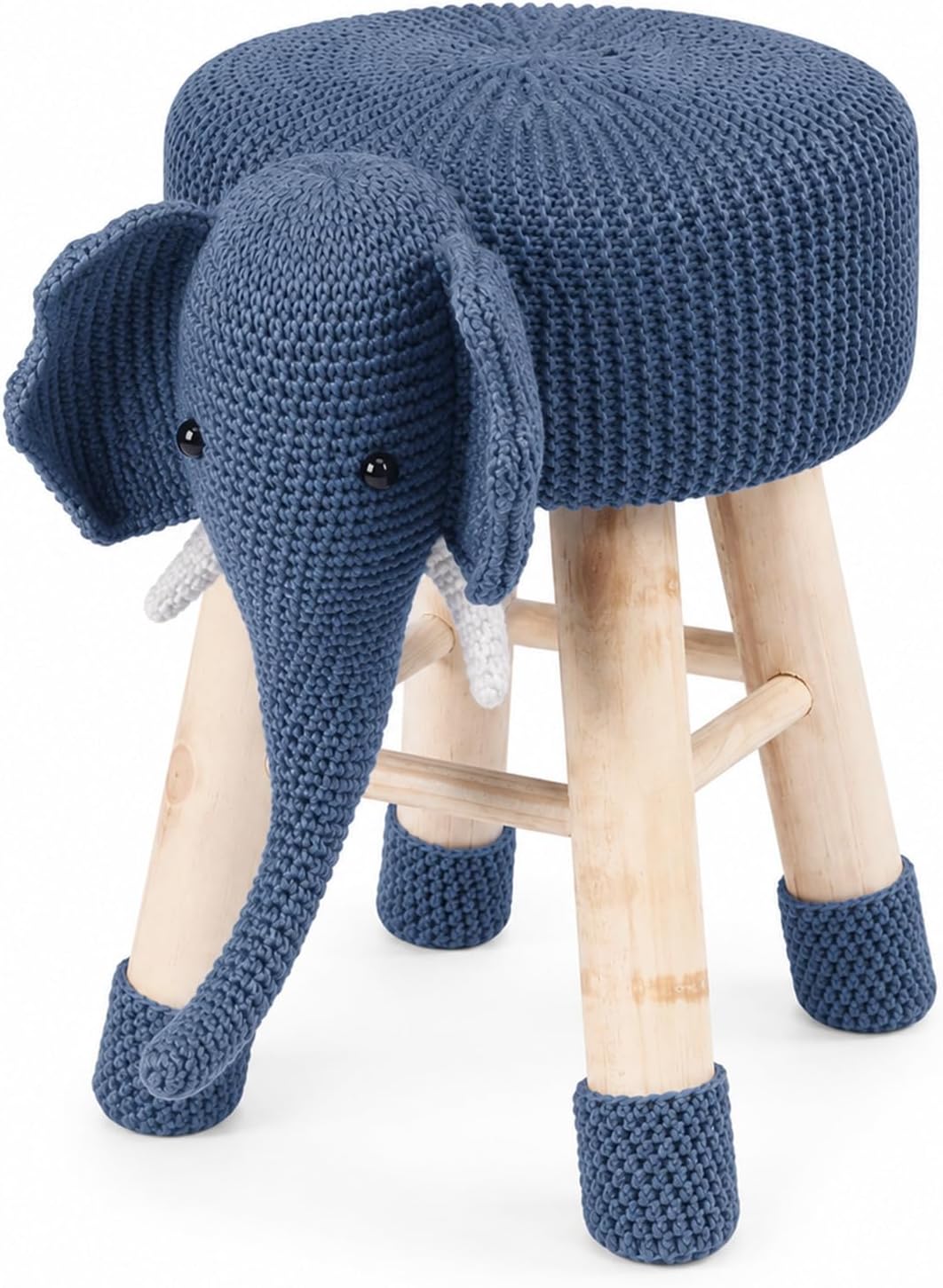 Anwick Cute Elephant Ottoman Stool, Animal Upholstered Footstool with Solid Wood Legs, Portable Padded Small Seat for Bedroom Nursery Playroom Entryway Living Room (Blue)
