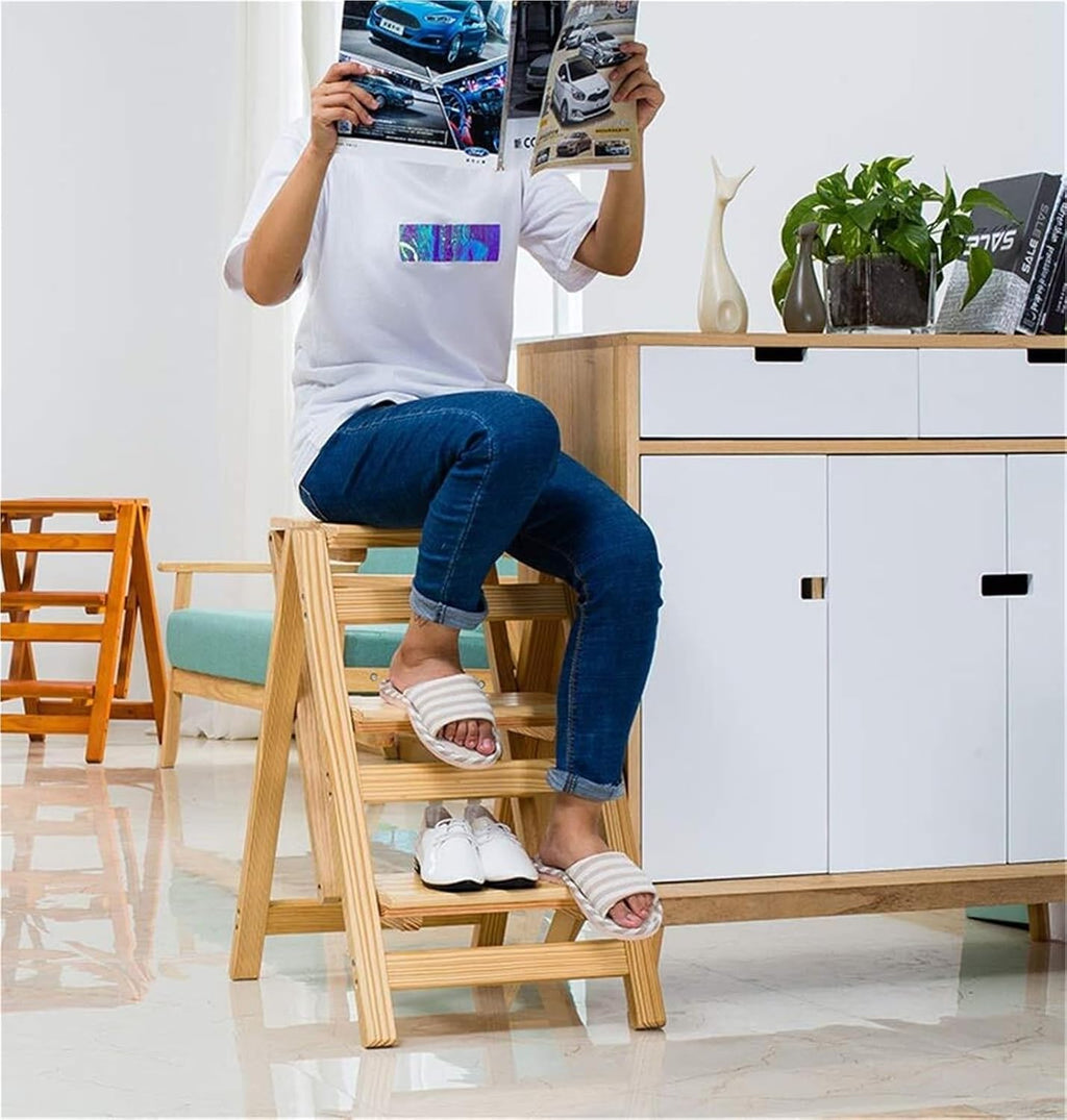 Step Stool Walnut Color 2/3/4-Step Wood Folding Step Stool Ladder - Lightweight Wide Tread Design for Home Library Loft Kitchen - 150kg Capacity(4 Steps)