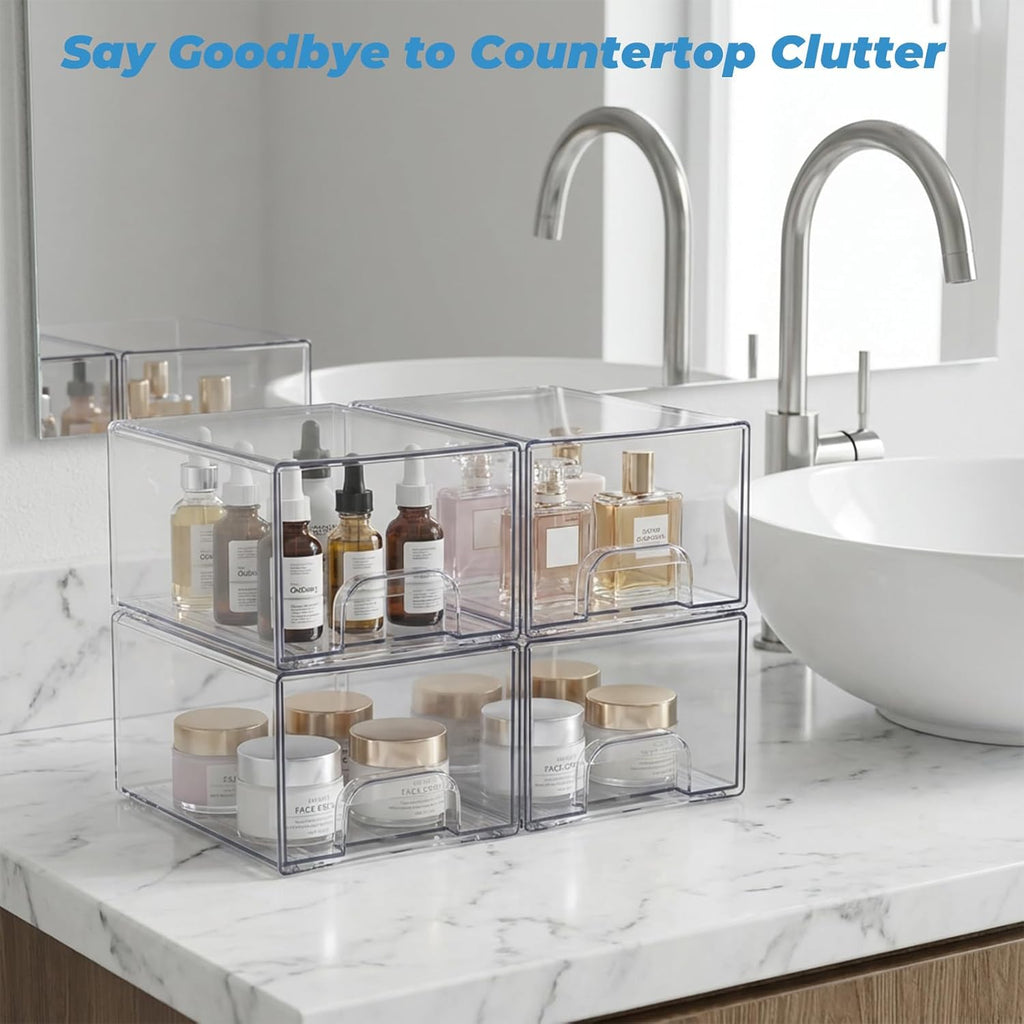 Acrylic Stackable Storage Drawers, [4-Pack] Clear Organizer Bins with Built-in Handles, Smooth Slide-Out Design for Vanity, Under Sink, Medicine Cabinet, Skincare, and More