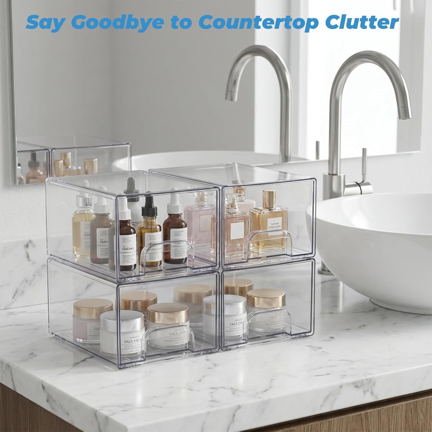 Acrylic Stackable Storage Drawers, [4-Pack] Clear Organizer Bins with Built-in Handles, Smooth Slide-Out Design for Vanity, Under Sink, Medicine Cabinet, Skincare, and More
