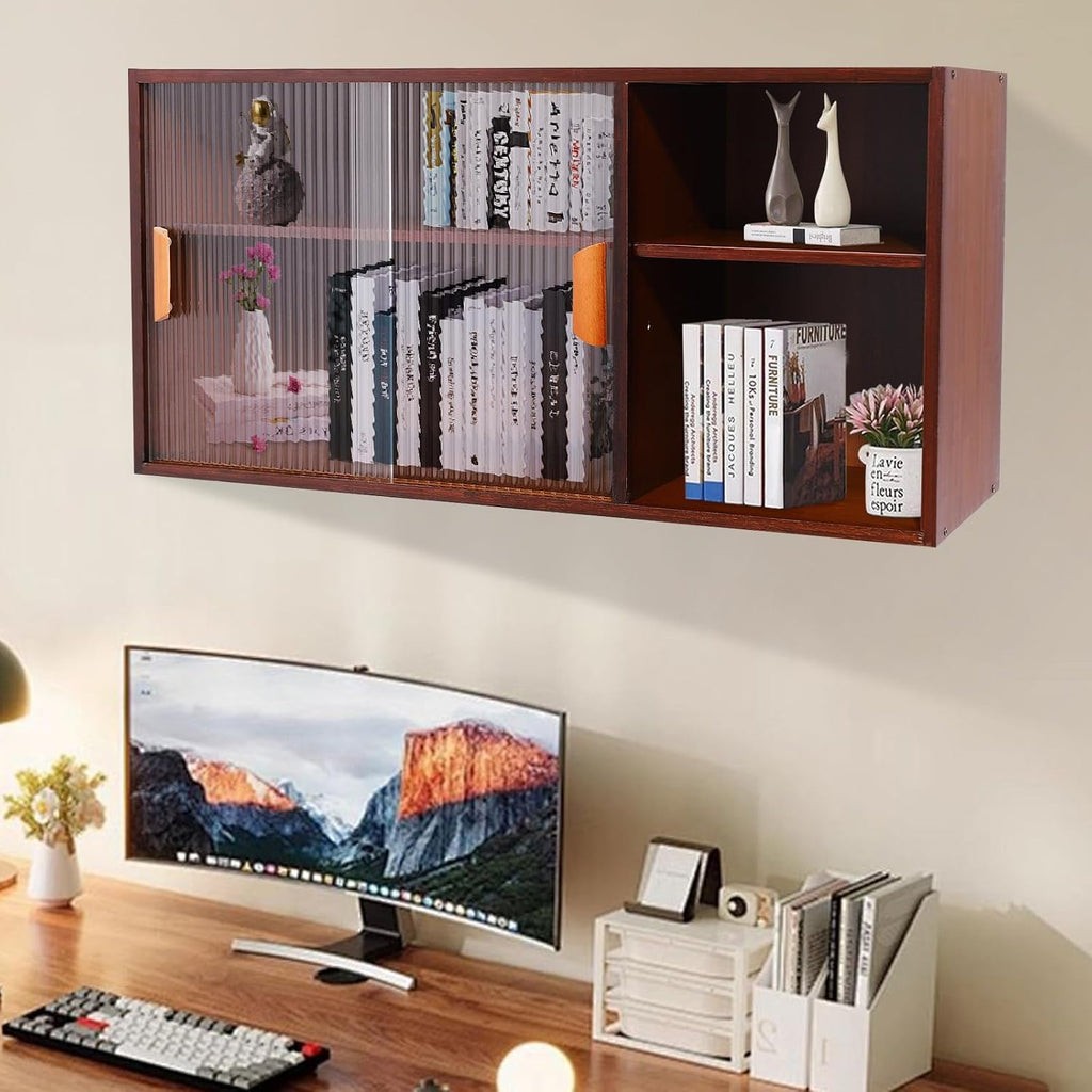 Wall Mounted Kitchen Pantry Sideboard with 2 Doors, Freestanding Wall Storage Cabinet, 2-Tier Countertop Pantry Cabinet for Storing Dinner Plates, Bowls, Spices, Cups (Walnut Color)