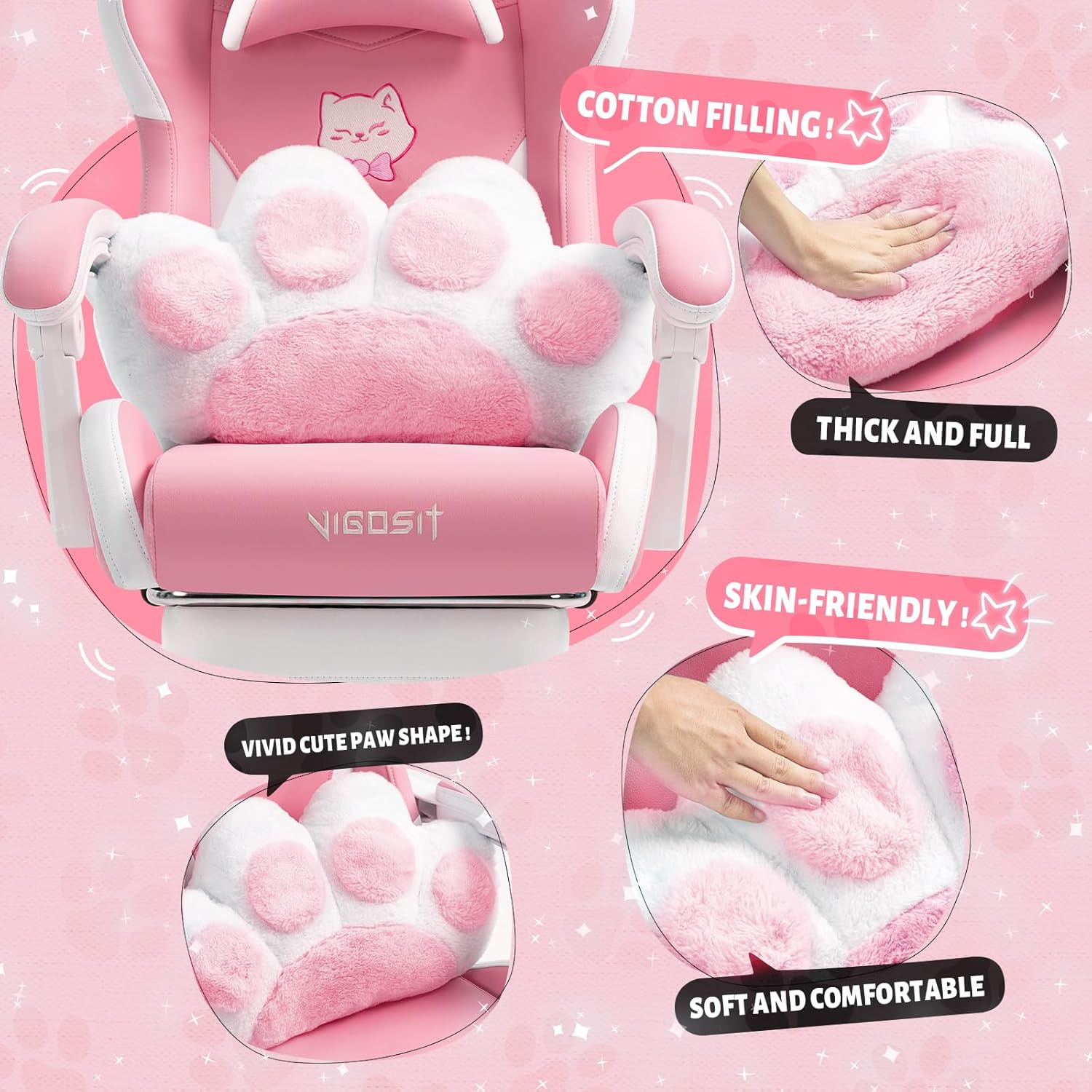 Vigosit Pink Cat Ear Gaming Chair with Footrest - Cute Gaming Chair for Girls, 310lbs Capacity, Adjustable Height & Lumbar Support, Ergonomic Computer Chair for Teens