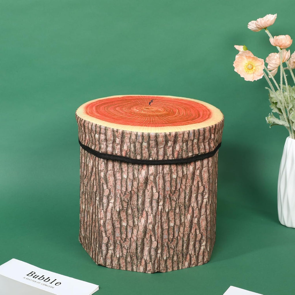3 Pcs Tree Stump Storage Stool, 12 x 12 Inch Fiberboard Ottoman with Foam Cushion, Folding Toy Box and Foldable Seat Chest for Kids, Classic Design