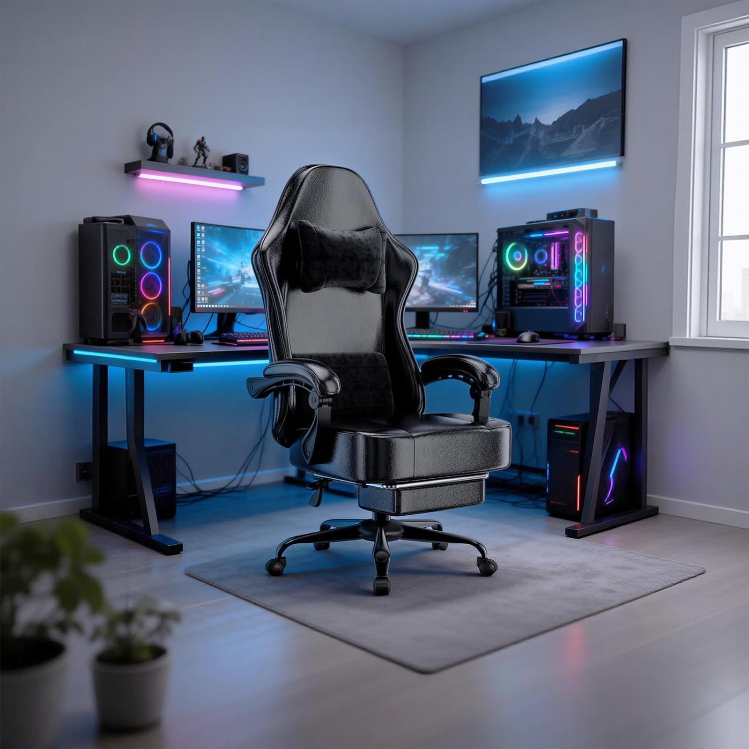 Gaming Chair, High Back Computer Chair with Pocketed Spring Cushion and Footrest, Height Adjustable Game Chair with Headrest and Lumbar Support
