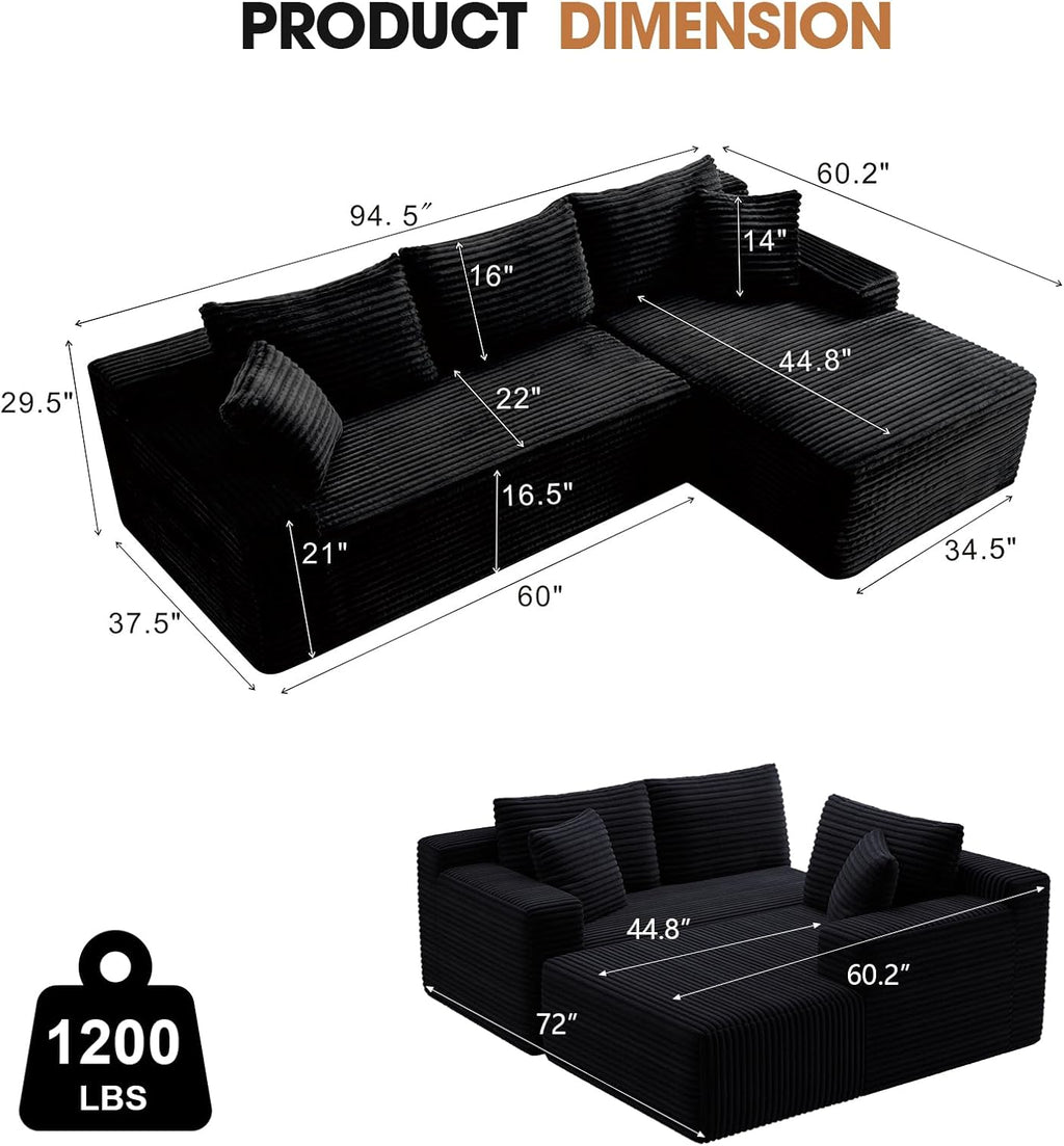 94.5" L-Shaped Cloud Sectional Couch for Living Room, Modern Minimalist Upholstered Boneless Sofa,Corduroy Fabric Modular Sectional Sofa with Chaise, No Assembly Required (Black, Right)