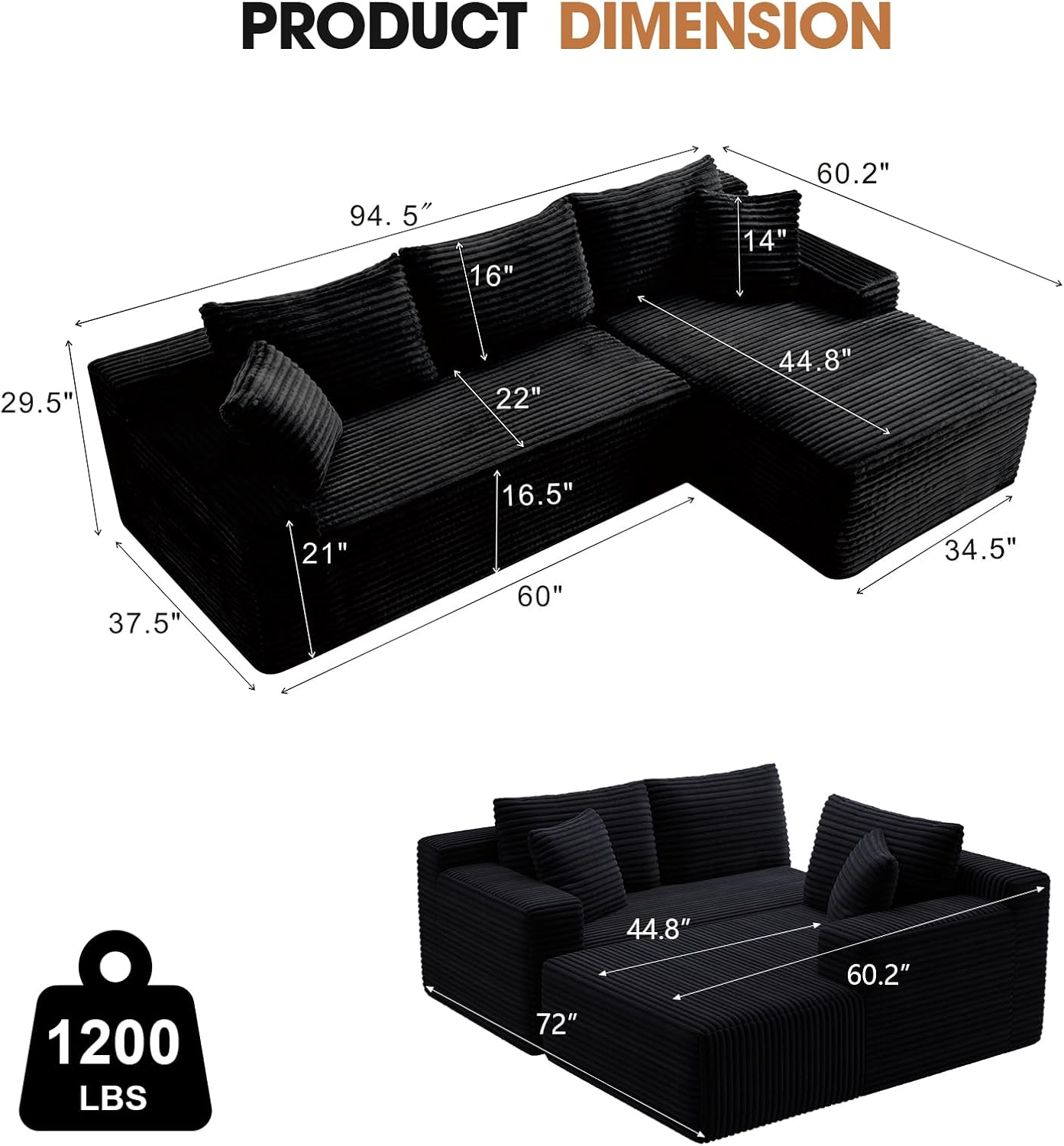 94.5" L-Shaped Cloud Sectional Couch for Living Room, Modern Minimalist Upholstered Boneless Sofa,Corduroy Fabric Modular Sectional Sofa with Chaise, No Assembly Required (Black, Right)
