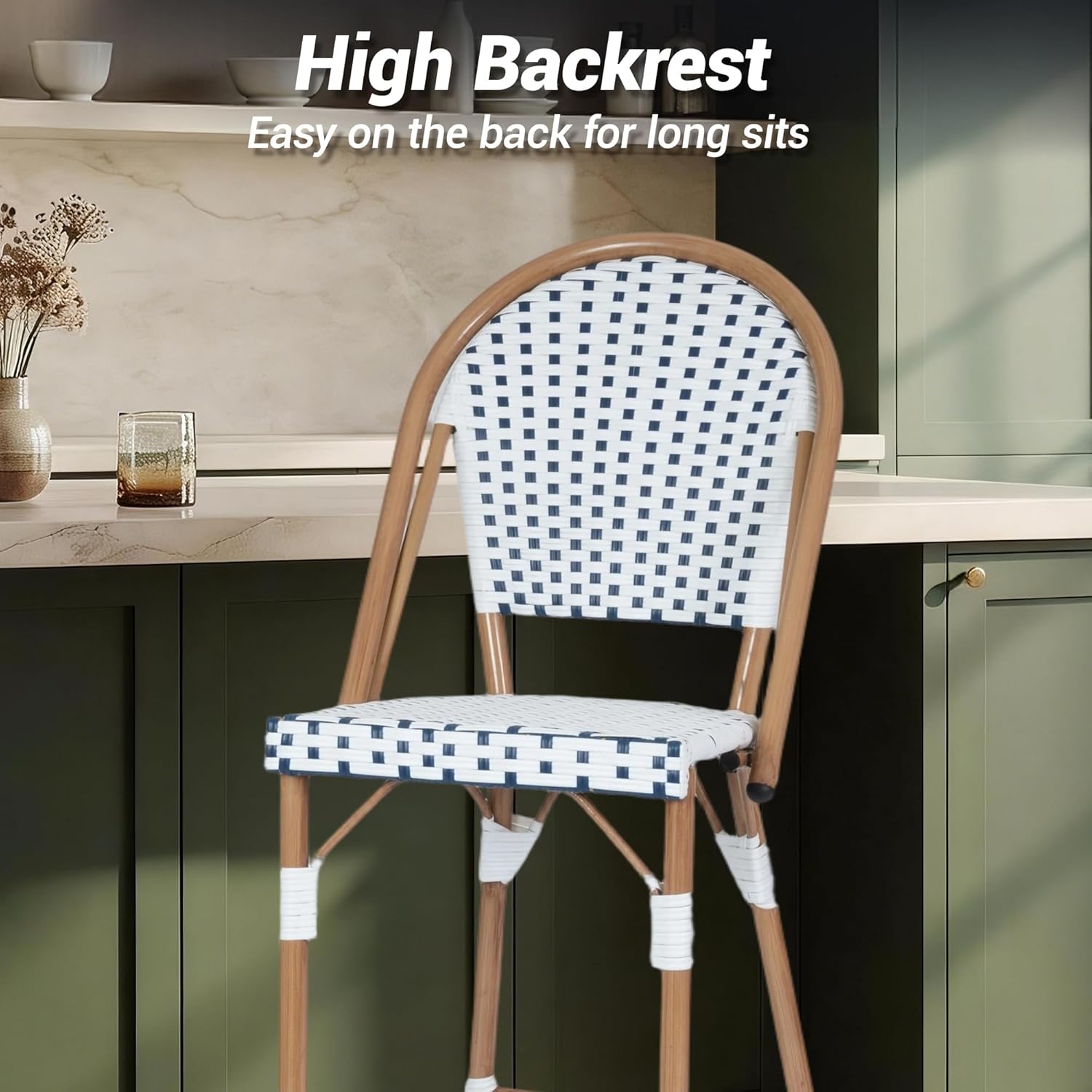Outdoor French Counter Bar Stools Set of 4, 30" Height Patio Rattan Stools w/Wood Print Finish, All-Weather Armless Wicker Chairs for Poolside Backyard Front Porch Garden Kitchen, White/Blue