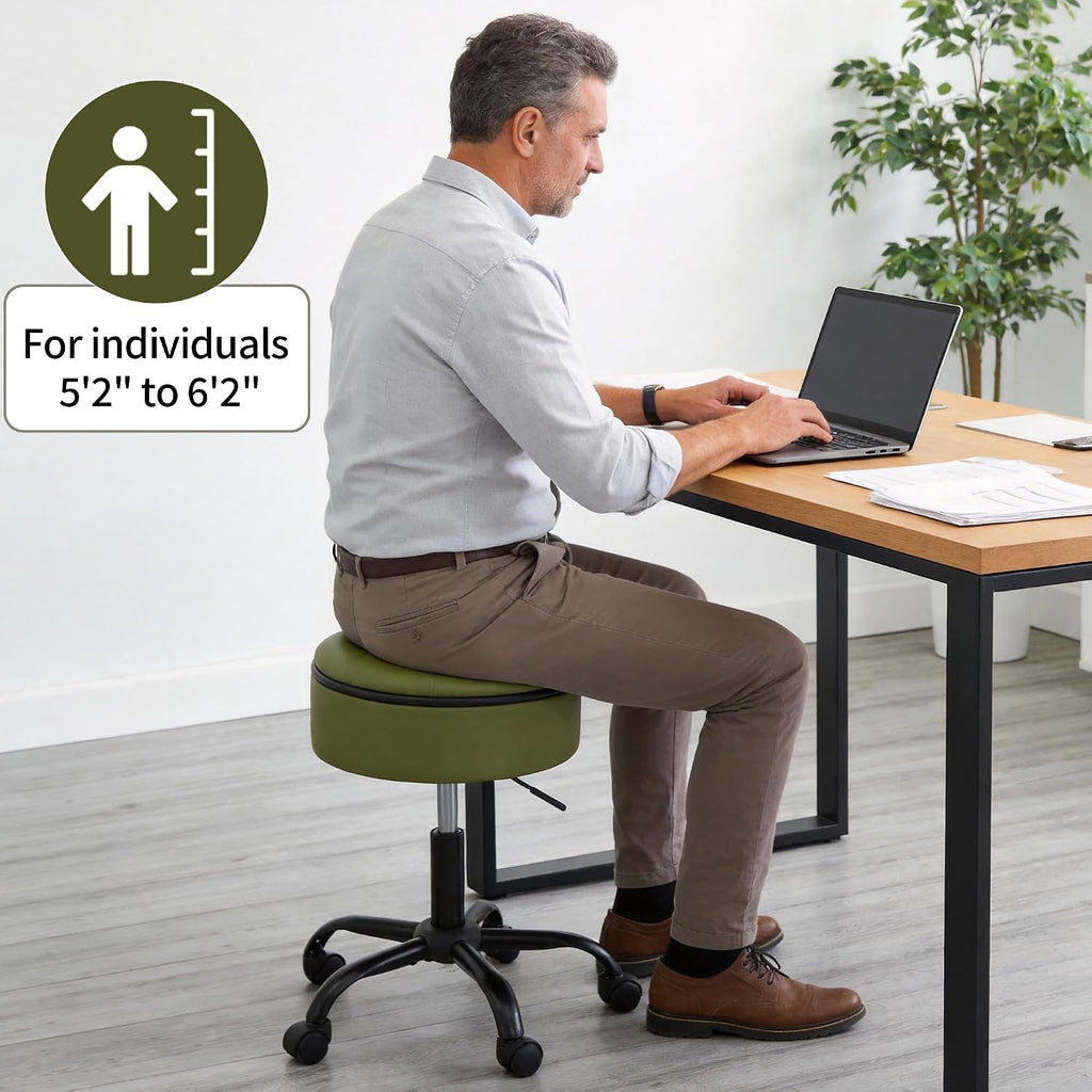 FIRAVOE Rolling Stools with Wheels (Chair & Small Table in One) (Adjustable Height Barber Chair 20.67"-24.61"), Green Ergonomic Stool with Storage