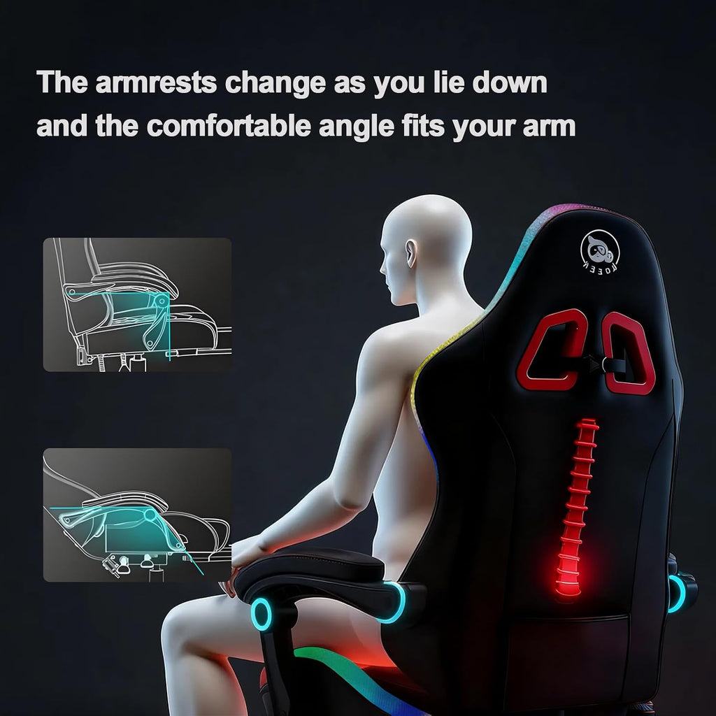 Kechen Gaming Chair, LED Light Gaming Chair with Footrest and Massage, Big and Tall Computer Chair with Lumbar Support, Gaming Chairs for Adults with Pocket Spring Cushion (LED Light, Red/Black)