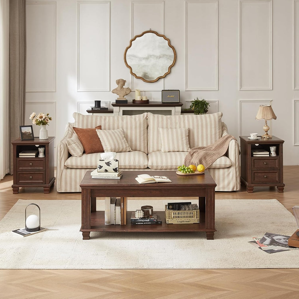 SAVOR LIFE Farmhouse Living Room Table Set,Rustic Wooden Coffee Table Set of 3,Large Coffee/End Side Tables with 2 Drawers for Living Room,Walnut