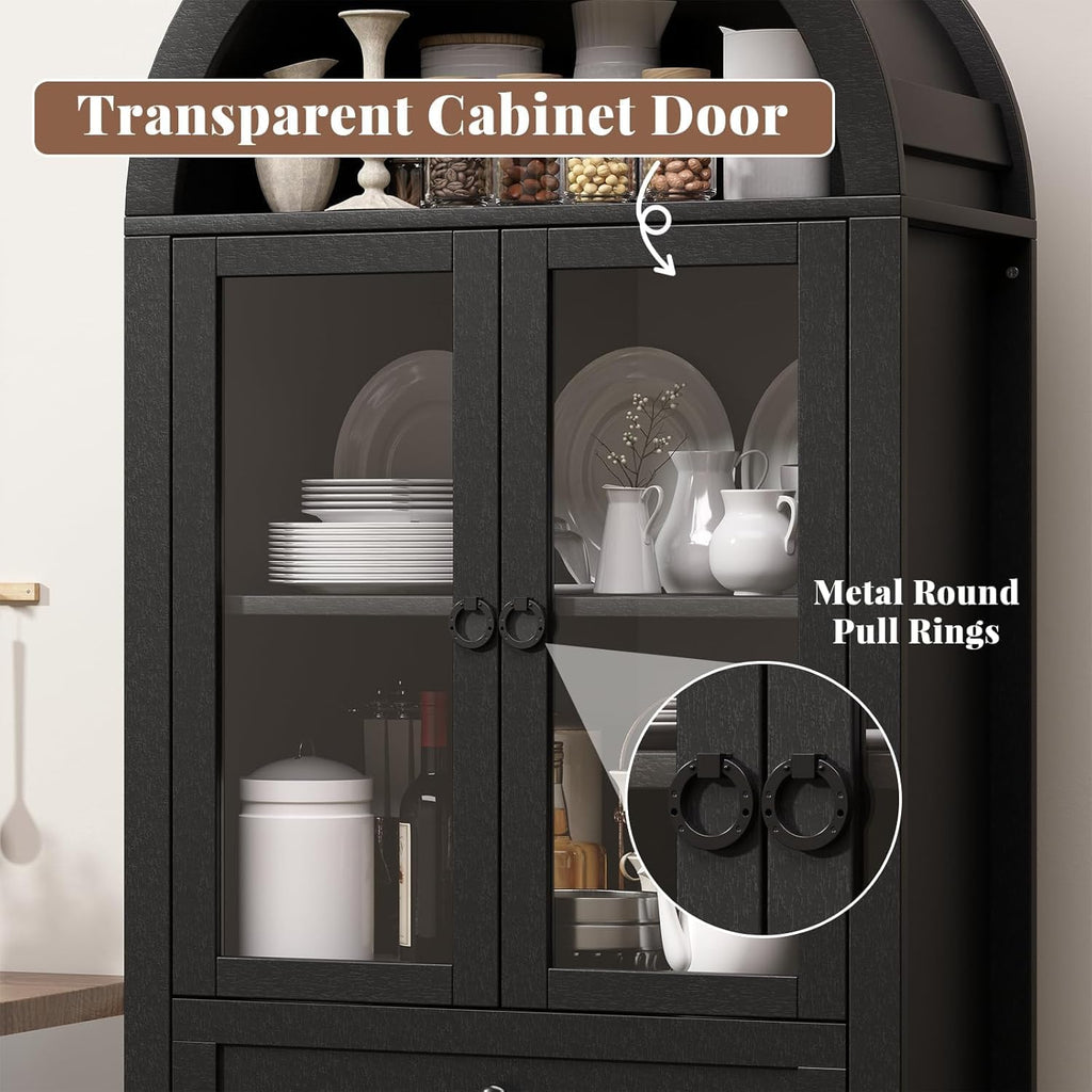 71" Tall Farmhouse Arched Storage Cabinet with Glass Door, Drawer and Barn Door, Versatile Pantry for Kitchen, Bathroom, Dining Room, Black