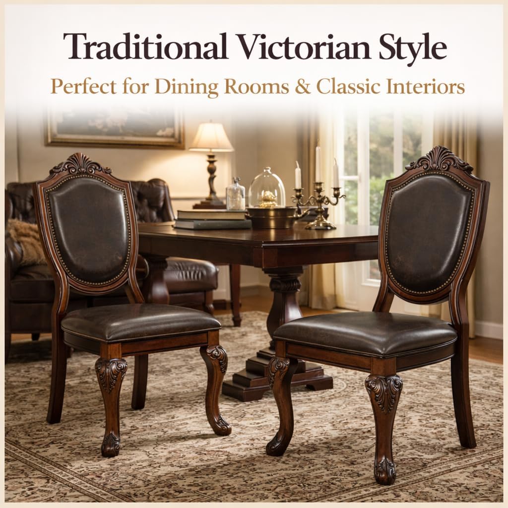 Dining Chairs Set of 6 – Antique Style Leather Dining Room Chairs with Solid Wood Legs and Rivet Decor, Ideal for Kitchen, Bedroom, Living Room (Brown armless)