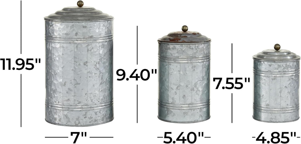 Deco 79 Metal Living Room Decorative Jars Galvanized Ribbed Decorative Container with Gold Ball Knobs, Set of 3 Jar with Lid 12", 9", 8"H, Gray