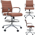 2xhome Modern Drafting Chair | Upholstered PU Leather Ribbed Mid Back with Tall Adjustable Base & Leg Rest | Padded Cushion Seat, Tilt Lock, Swivel | Computer Armchair (1, Brown, Drafting)