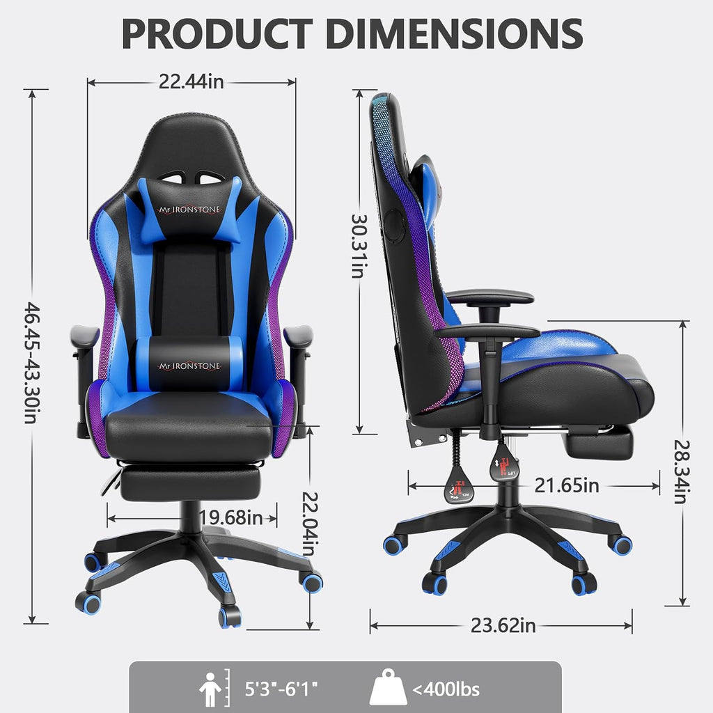 Mr IRONSTONE RGB Gaming Chair with Bluetooth Speakers, Ergonomic Gamer Chair with LED Lights, Vibration Lumbar Support, Footrest and High Back Reclining Design for Adults, Blue