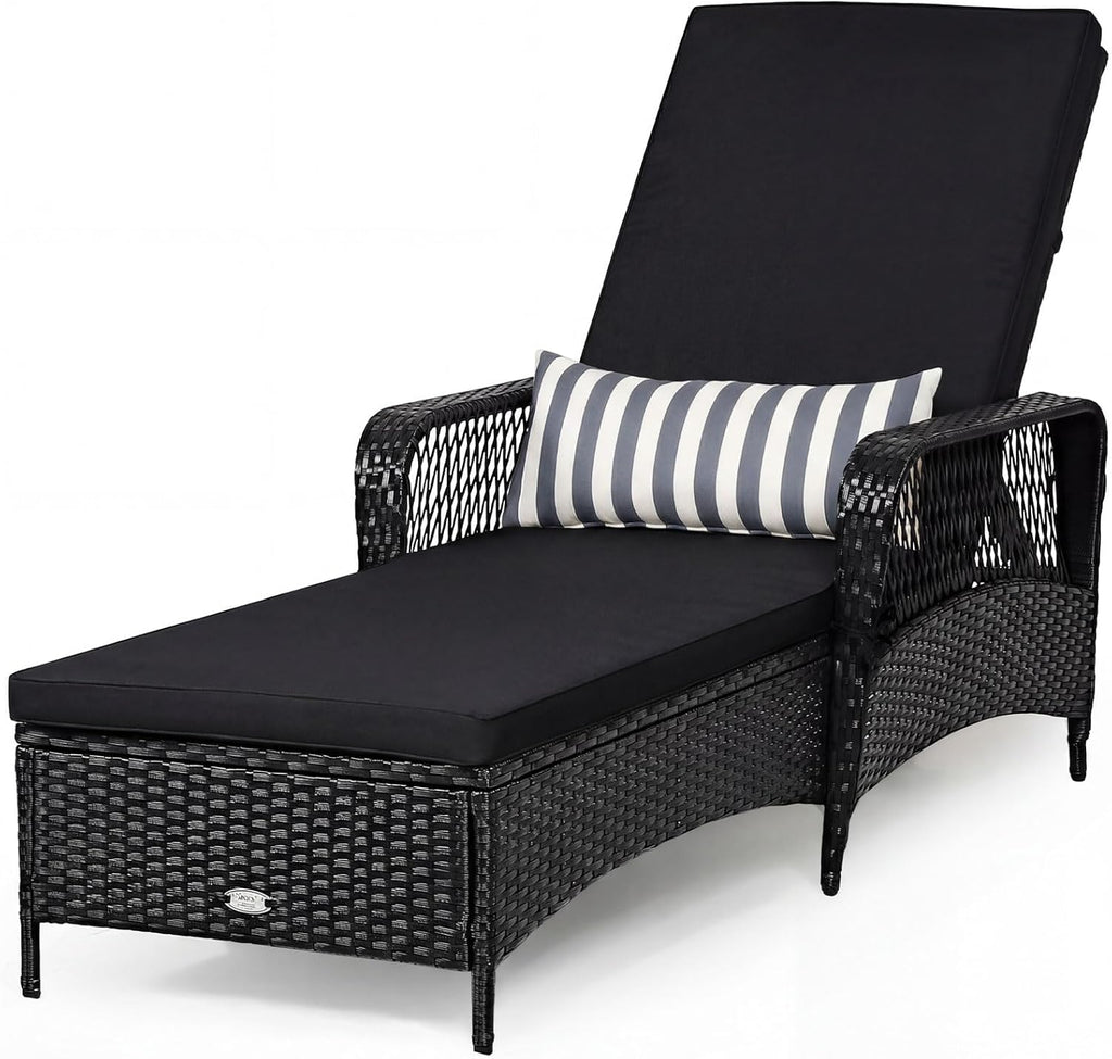 Tangkula Wicker Chaise Lounge Outdoor, Patio Rattan Reclining Chaise with 6-Gear Adjustable Backrest, Thick Padded Cushion & Removable Lumbar Pillow, Pool Lounge Chairs (1, Black + Black)