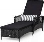 Tangkula Wicker Chaise Lounge Outdoor, Patio Rattan Reclining Chaise with 6-Gear Adjustable Backrest, Thick Padded Cushion & Removable Lumbar Pillow, Pool Lounge Chairs (1, Black + Black)