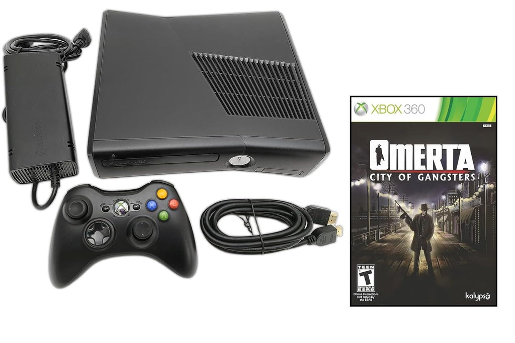 Xbox Microsoft 360 S Slim Console Bundle + Omerta: City of Gangsters Video Game | 4GB Black System with 1x Wireless Controller, HDMI & Power Adapter | Ready to Play Gaming Kit (Renewed)