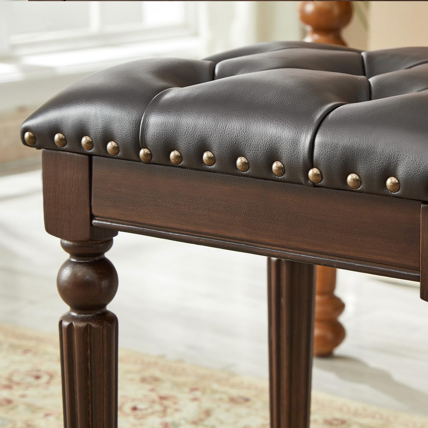Vanity Bench Stool with Button Tufted, Solid Wood Vanity Bench Seat with Microfiber Leather Cushion for Bedroom, Dinning Roon, Entryway, Cloakroom, Study (Dark Brown)