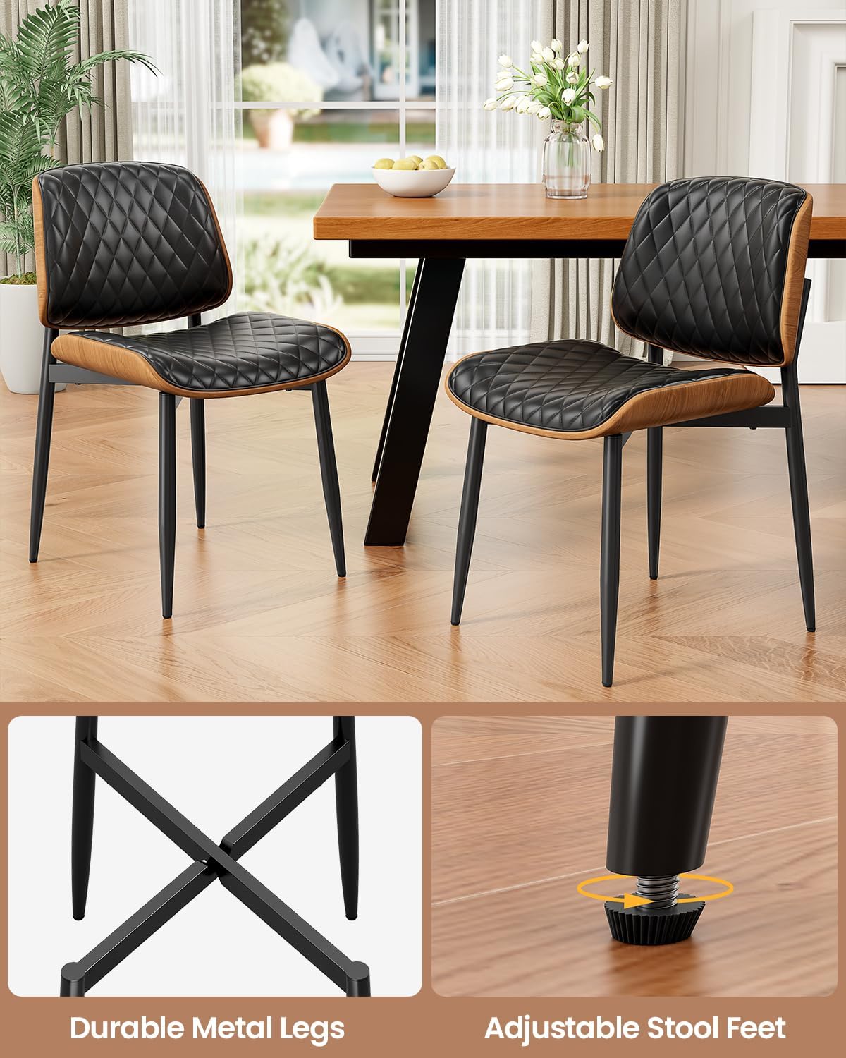 REONEY Dining Chairs Set of 2, Mid-Century Modern Upholstered PU Leather Chairs with Walnut Back and Metal Legs Adjustable Feet for Kitchen Dining Room, Black Diamond Plaid
