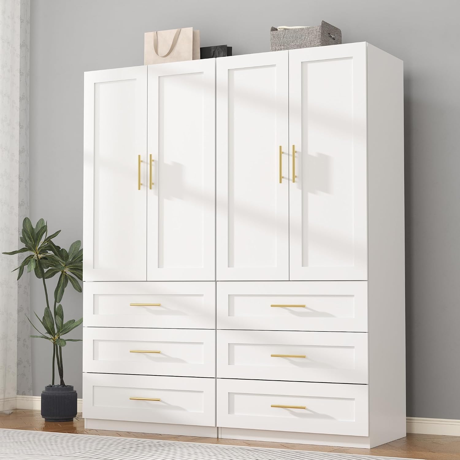 White Armoire Wardrobe Closet: 75" Large Wardrobe Closet with 6 Drawers, Bedroom Armoires with 4 Doors, Wooden Tall Closets Cabinet for Hanging Clothes (63")