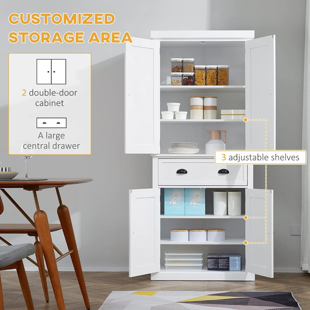 72" Freestanding Kitchen Pantry Cabinet, Tall Storage Cabinet with 2 Door Cupboards, Drawer and Adjustable Shelves, White,16 * 30 * 72.5