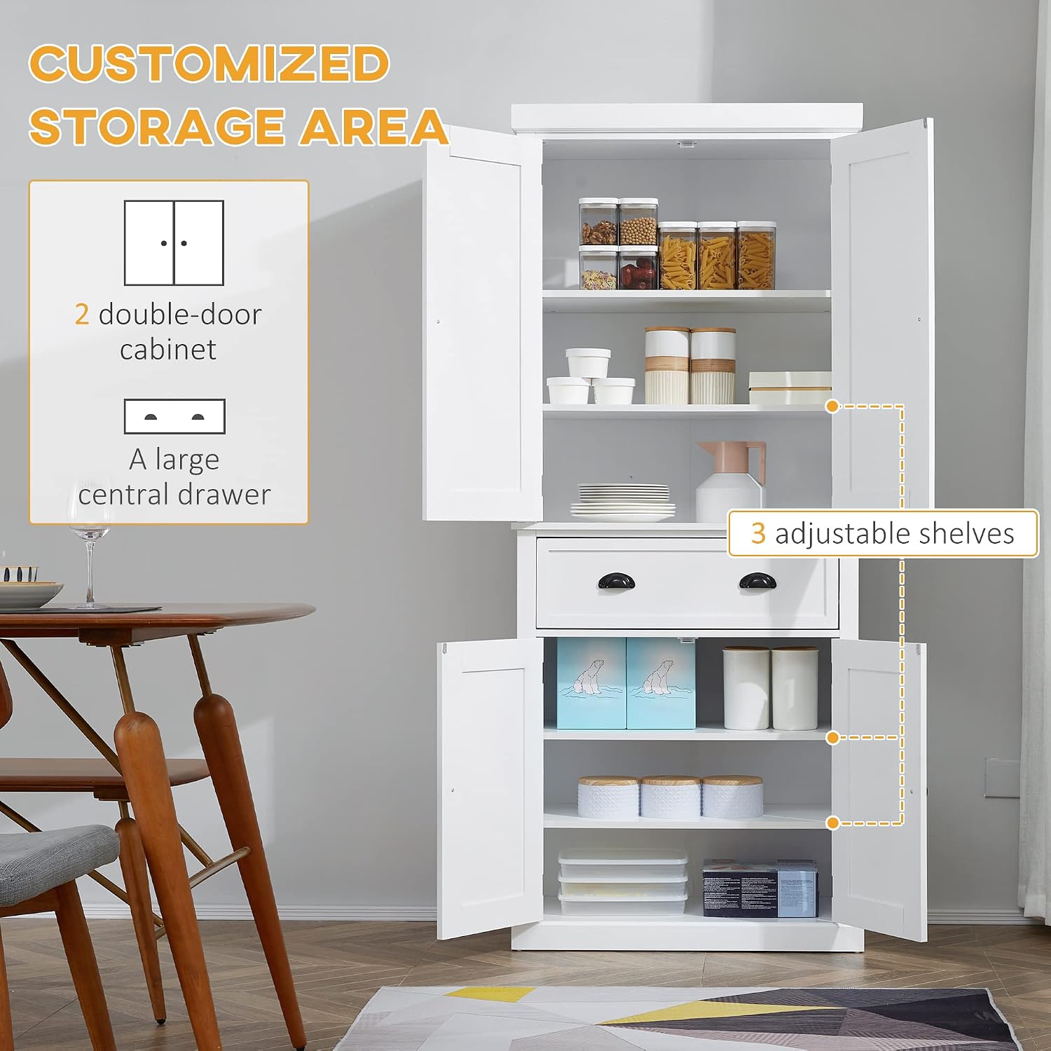 72" Freestanding Kitchen Pantry Cabinet, Tall Storage Cabinet with 2 Door Cupboards, Drawer and Adjustable Shelves, White,16 * 30 * 72.5