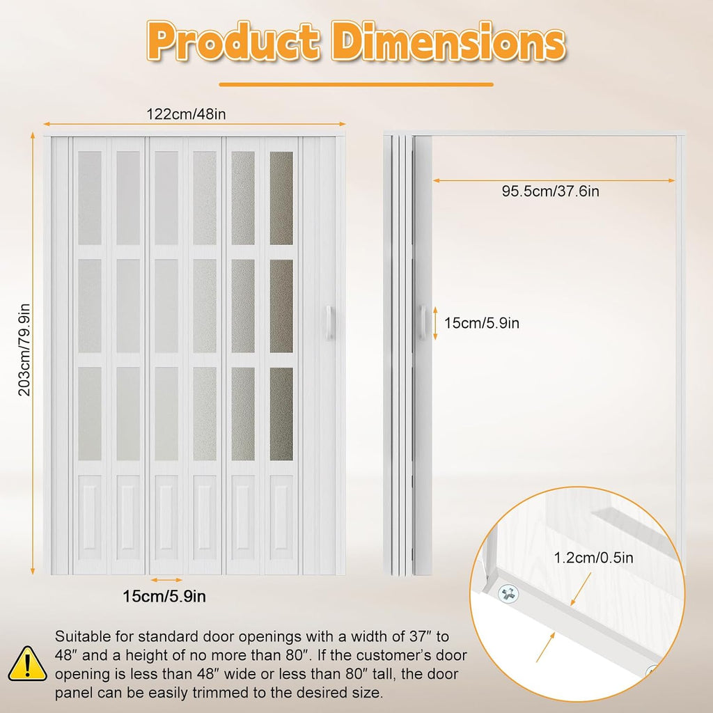 48X80in PVC Accordion Door with Latch&Handle&Hardware Kit, Double-Layer Thickened PVC Folding Interior Door with Frosted Glass - Blocks Views, Lets Light in, Utility&Room Divider (M)
